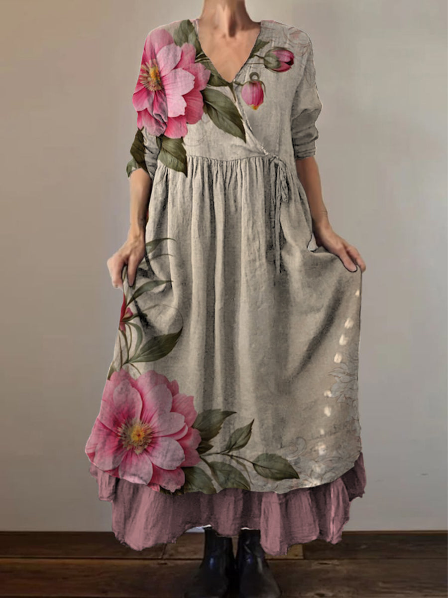 Retro Boho Floral Botanique Imprimer Vintage V-cou Double ourlet coton manches longues robe Midi A / S Robes