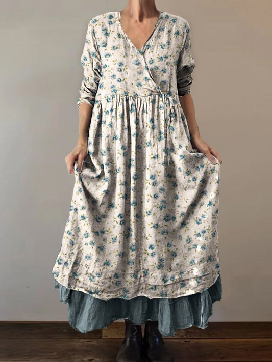 Retro Boho Floral Botanique Imprimer Vintage V-cou Double ourlet coton manches longues robe Midi A / S Robes