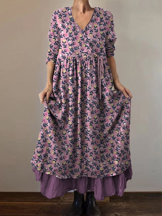 Retro Boho Floral Botanique Imprimer Vintage V-cou Double ourlet coton manches longues robe Midi A / S Robes