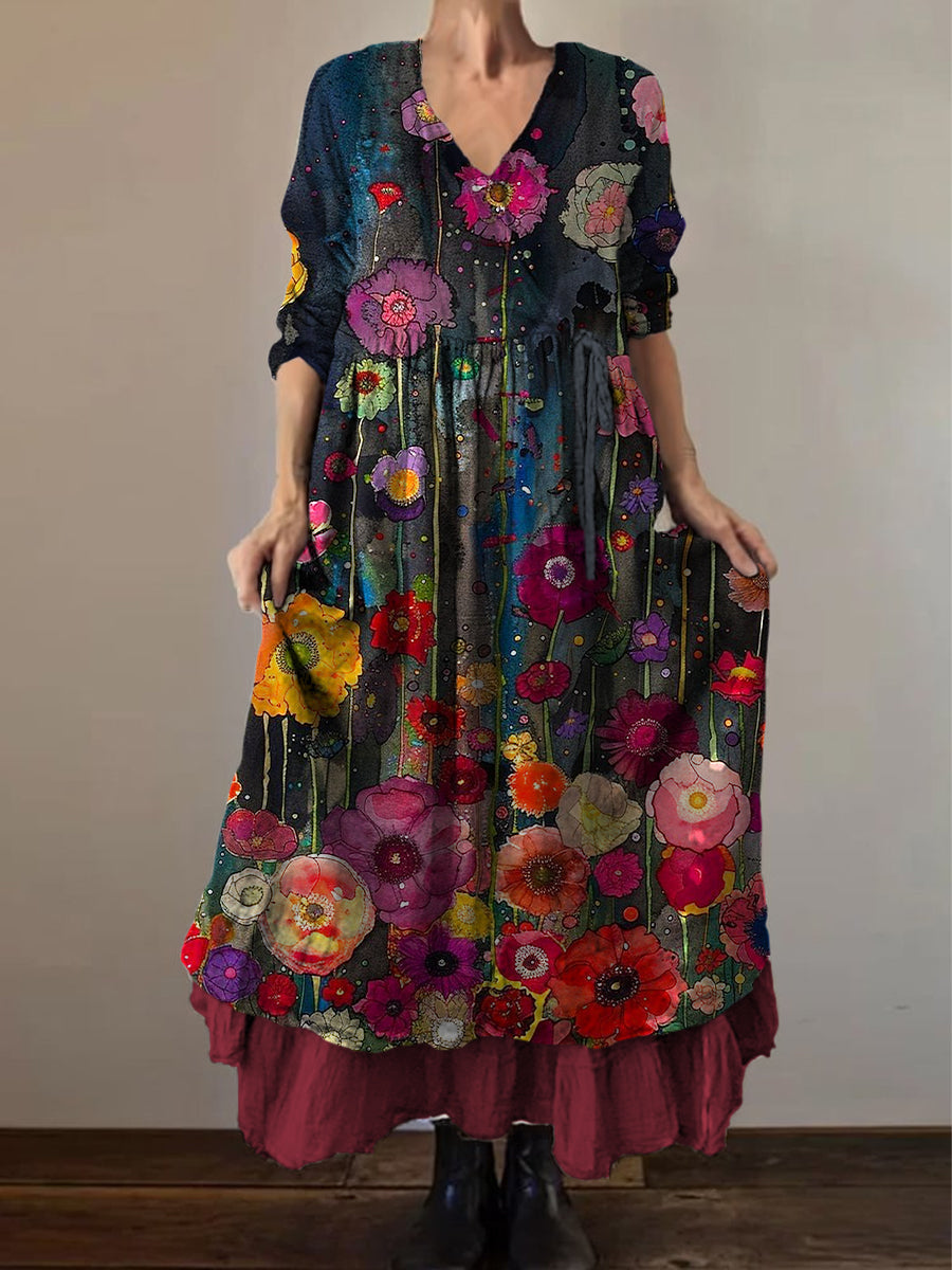 Retro Boho Floral Botanique Imprimer Vintage V-cou Double ourlet coton manches longues robe Midi A / S Robes