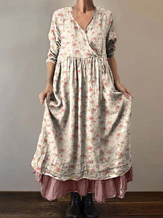 Retro Boho Floral Botanique Imprimer Vintage V-cou Double ourlet coton manches longues robe Midi A / S Robes