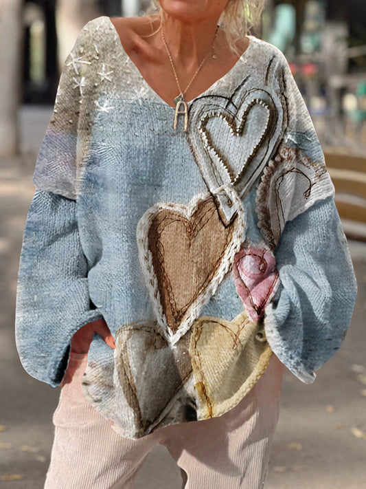 Vintage Heart Art Print Chic V Neck Pull décontracté pour femmes A / S