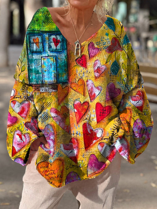 Vintage Heart Art Print Chic V Neck Pull décontracté pour femmes A / S