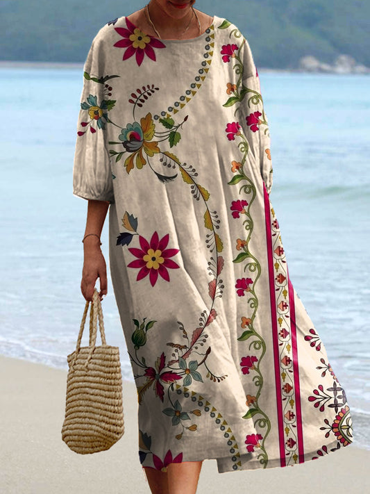 Vintage Floral Print Chic col rond Bohème élégant Midi des femmes A / S