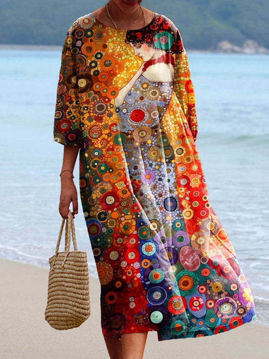 Vintage Floral Print Chic col rond Bohème élégant Midi des femmes A / S