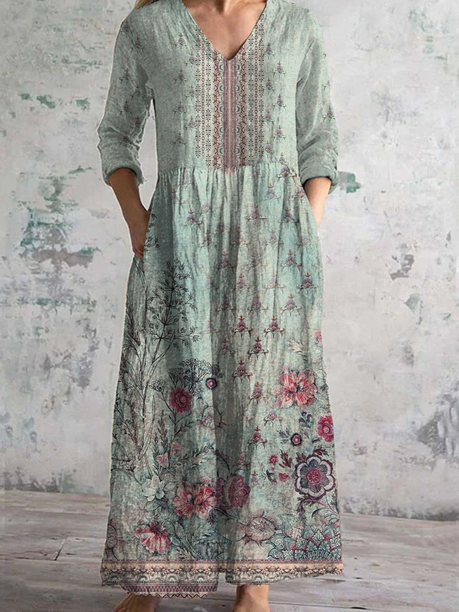 Vintage Floral Print Chic V-Neck Bohème Élégant Midi des femmes A / S