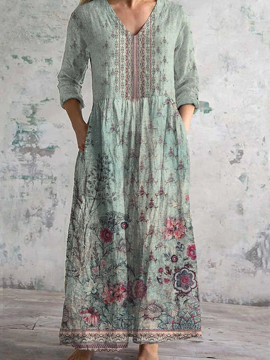 Vintage Floral Print Chic V-Neck Bohème Élégant Midi des femmes A / S