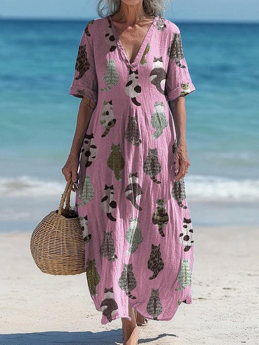 Vintage col en V Floral Art Print élégant et chic robe midi lâche A / S