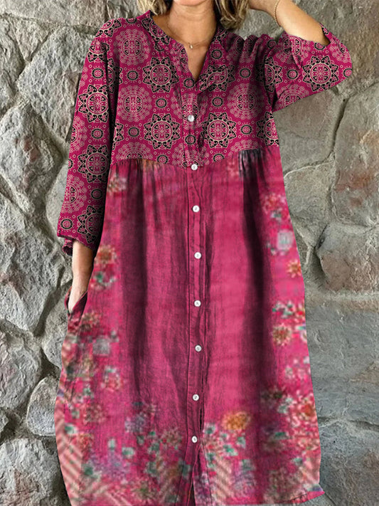 Rétro Floral Art Print Vintage Chic col en V boutonné à manches longues Midi Dress A / S