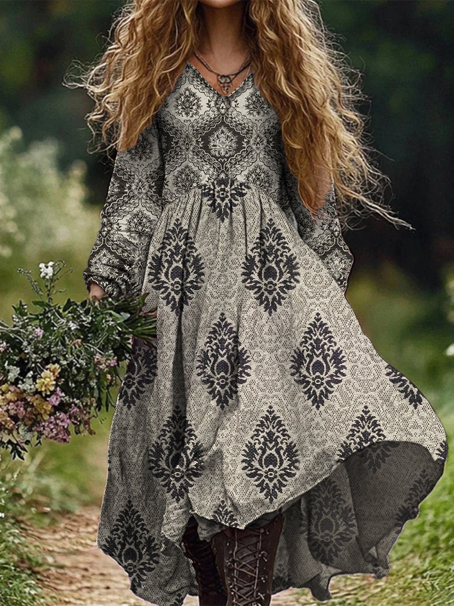 Retro Boho Floral Print Vintage Chic col en V coton à manches longues Midi Dress A / S