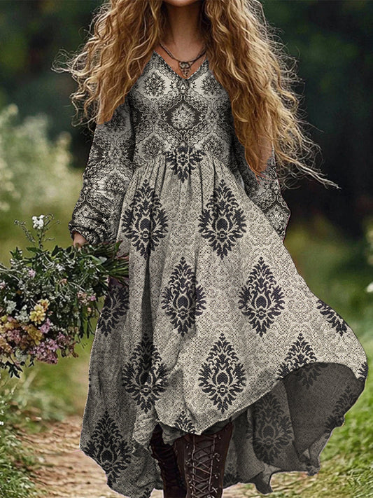Retro Boho Floral Print Vintage Chic col en V coton à manches longues Midi Dress A / S