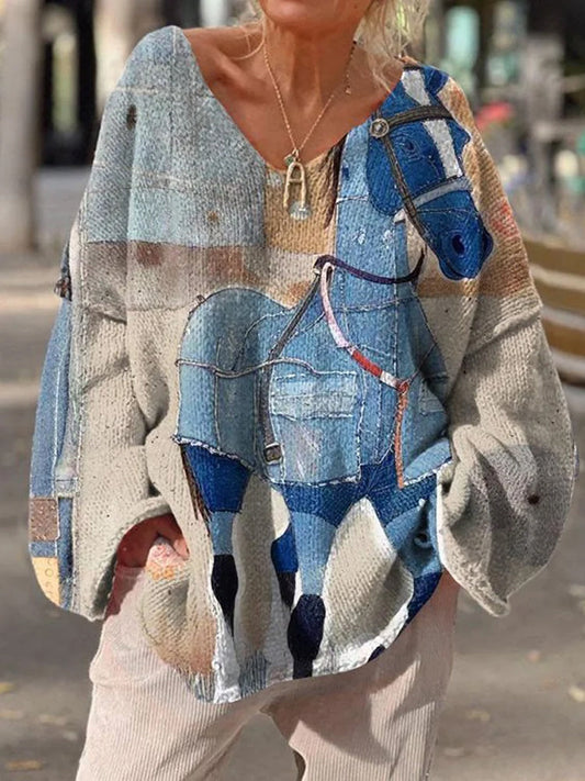 Retro Boho Floral Print Vintage Loose Chic V-cou à manches longues en tricot épais Pull A / S