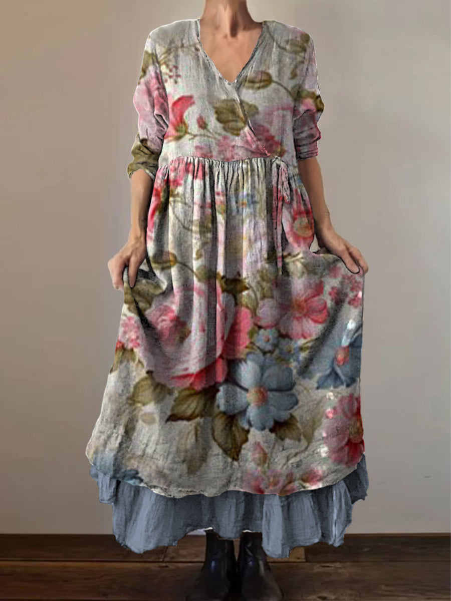 Retro Boho Floral Print Vintage col en V Double ourlet en coton à manches longues Midi Dress A / S