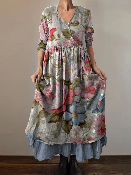 Retro Boho Floral Print Vintage col en V Double ourlet en coton à manches longues Midi Dress A / S