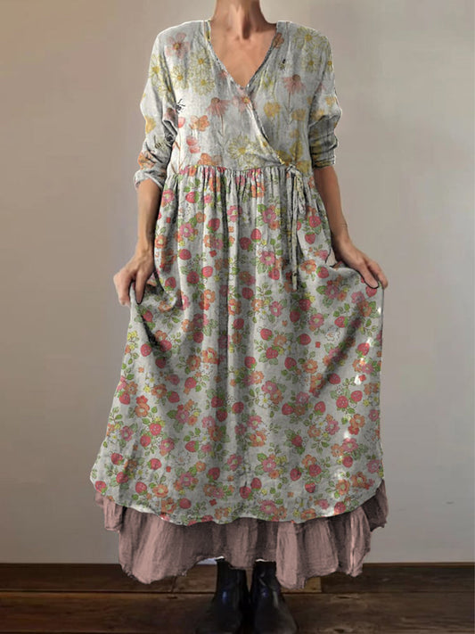 Retro Boho Floral Print Vintage col en V Double ourlet en coton à manches longues Midi Dress A / S