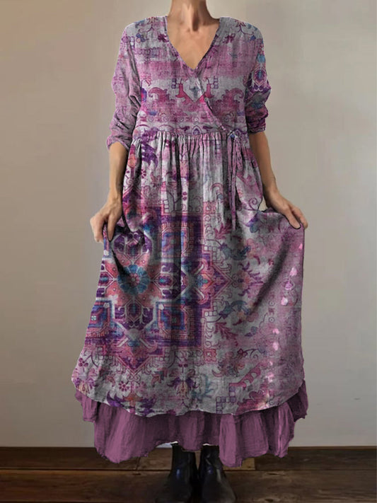 Retro Boho Floral Print Vintage col en V Double ourlet en coton à manches longues Midi Dress A / S