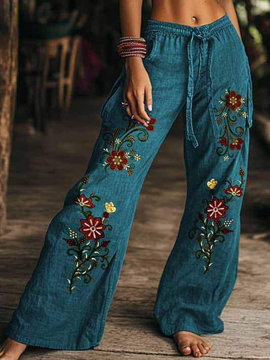Pantalon large droit en coton décontracté imprimé floral rétro Boho A / S