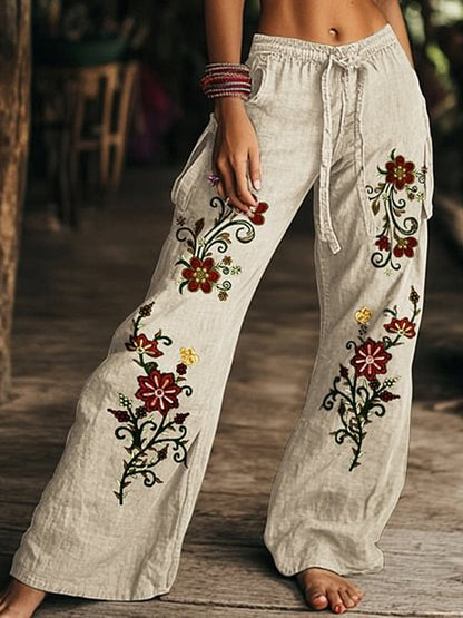 Pantalon large droit en coton décontracté imprimé floral rétro Boho B / S