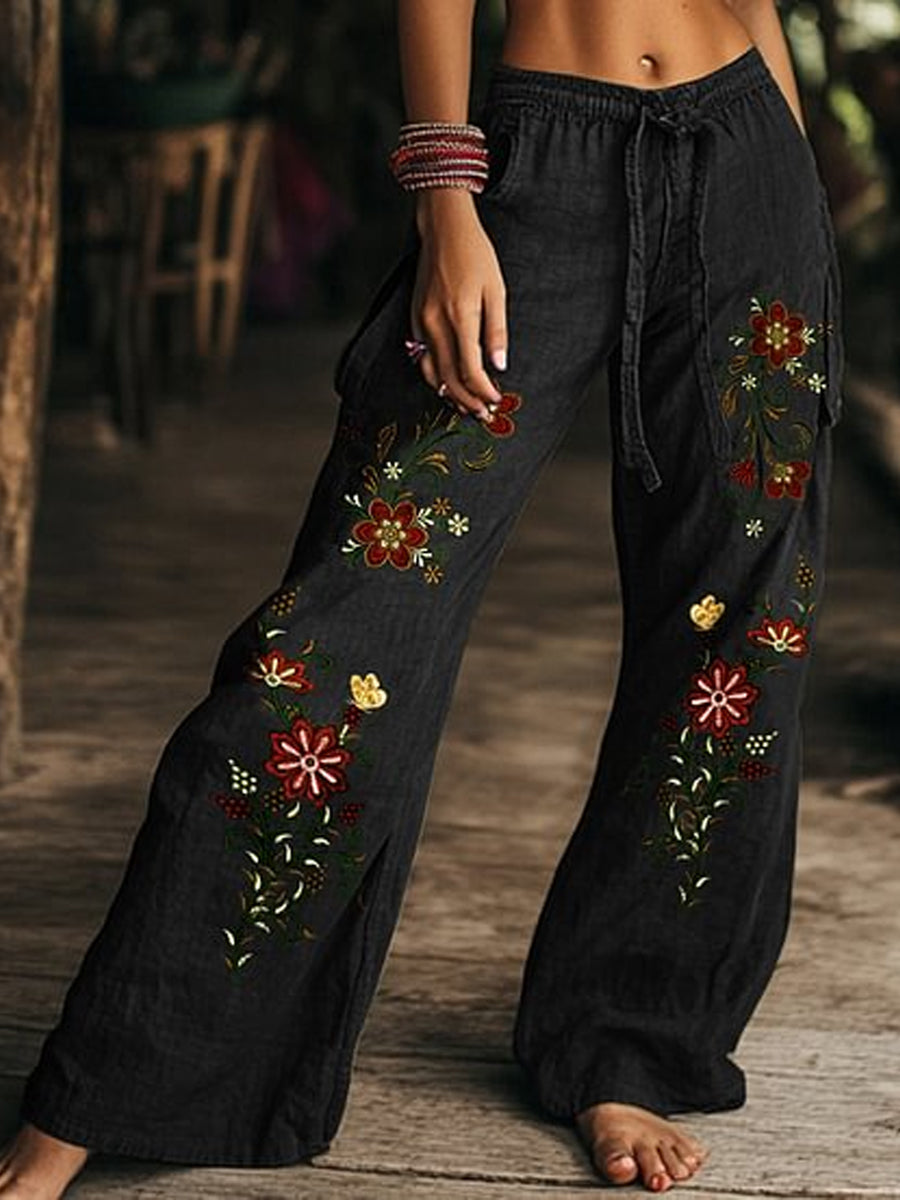 Pantalon large droit en coton décontracté imprimé floral rétro Boho C / S