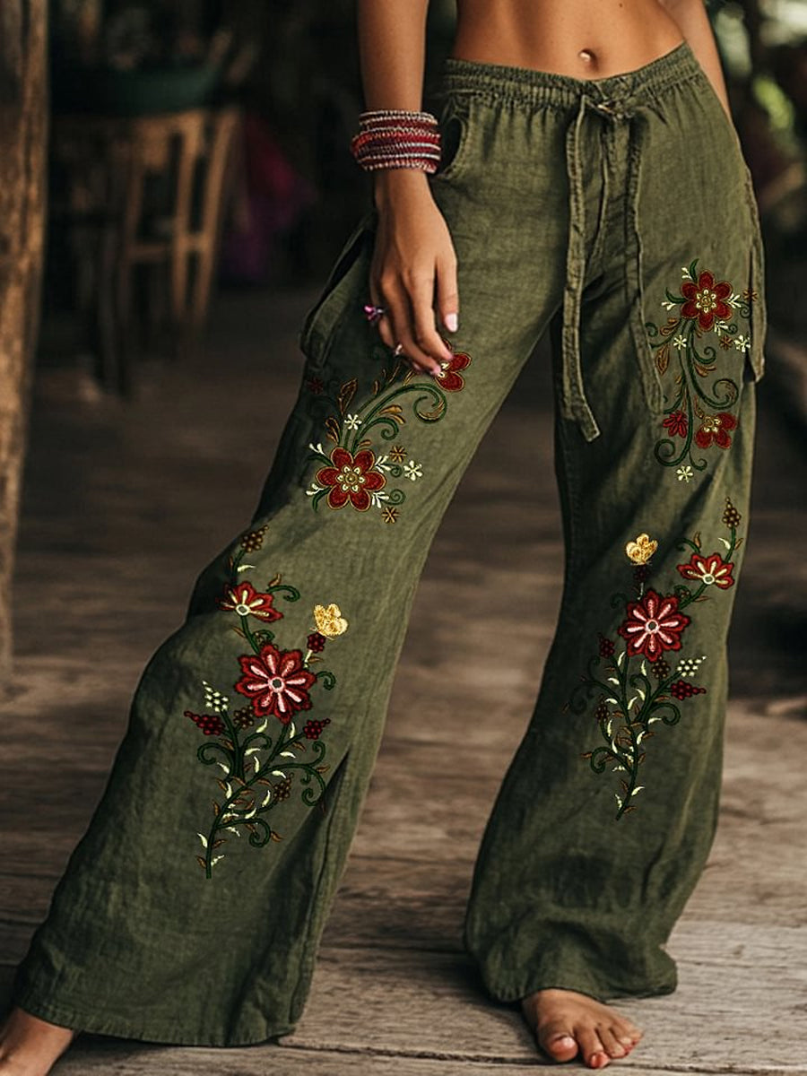 Pantalon large droit en coton décontracté imprimé floral rétro Boho E / S