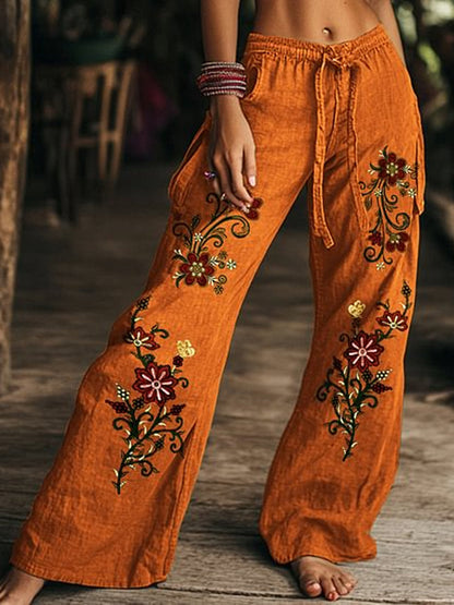 Pantalon large droit en coton décontracté imprimé floral rétro Boho D / S
