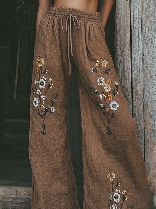 Pantalon large droit en coton décontracté imprimé floral rétro Boho A / S