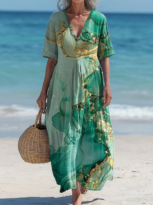 Vintage V-Neck Art Print élégant et chic en vrac Midi robe A / S