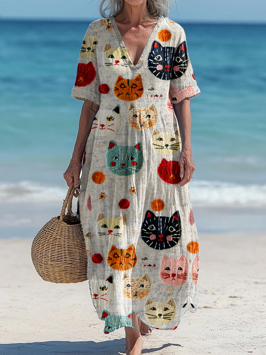 Vintage V-cou chat Art Print élégant et chic robe midi lâche A / S