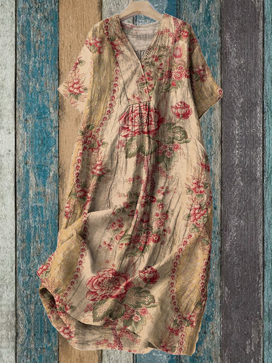 Vintage col en V Floral Art Print élégant et chic robe midi lâche A / S