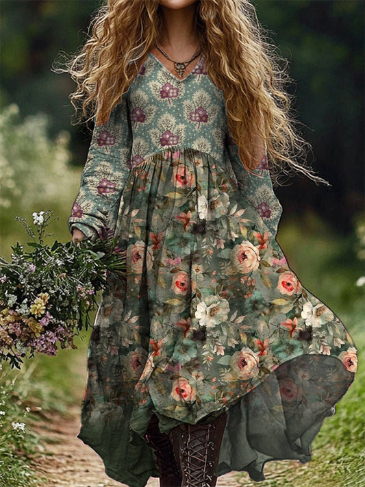 Vintage col en V Floral Art Print élégant et chic robe midi lâche A / S