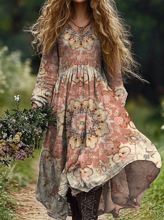Retro Boho Floral Botanique Imprimer Vintage Chic col en V coton manches longues robe Midi A / S