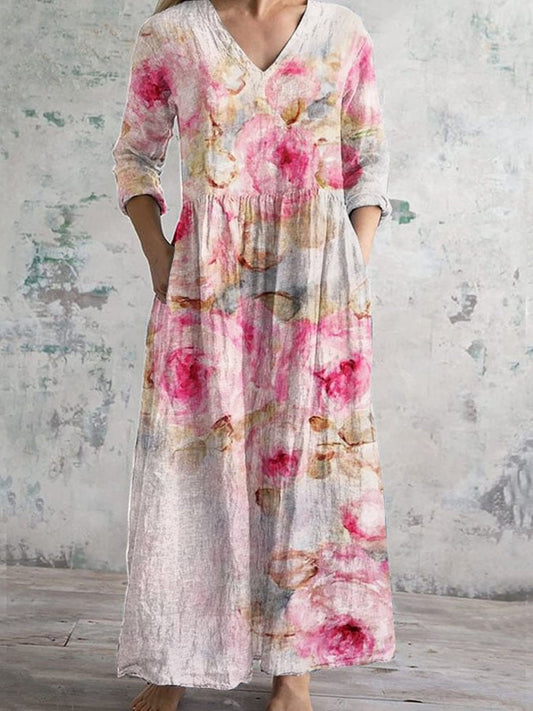 Rétro Boho Floral Art Imprimé V-cou Vintage lâche manches longues robe Midi A / S