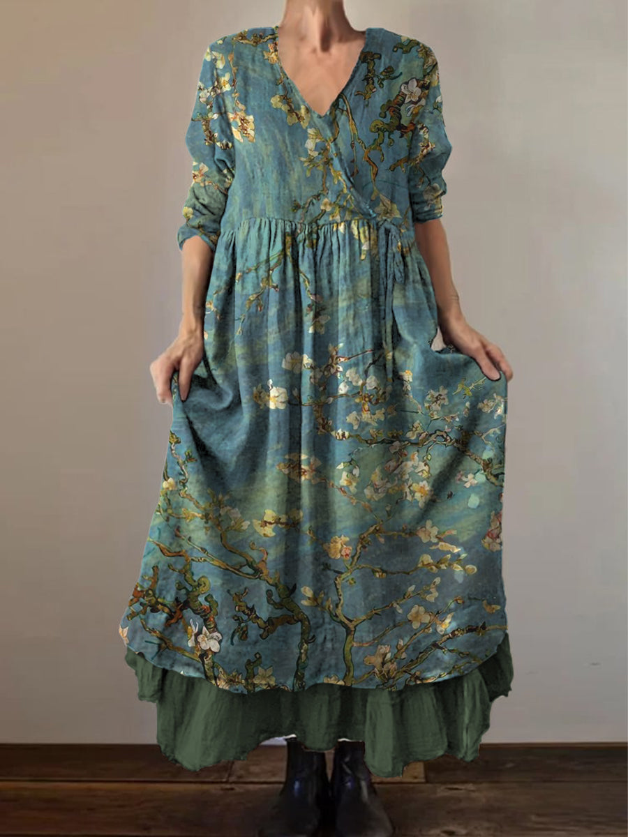 Retro Boho Floral Print Vintage col en V Double ourlet en coton à manches longues Midi Dress A / S