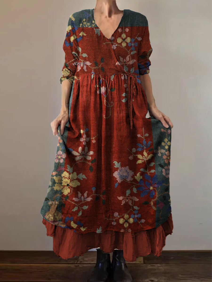Retro Boho Floral Print Vintage col en V Double ourlet en coton à manches longues Midi Dress A / S