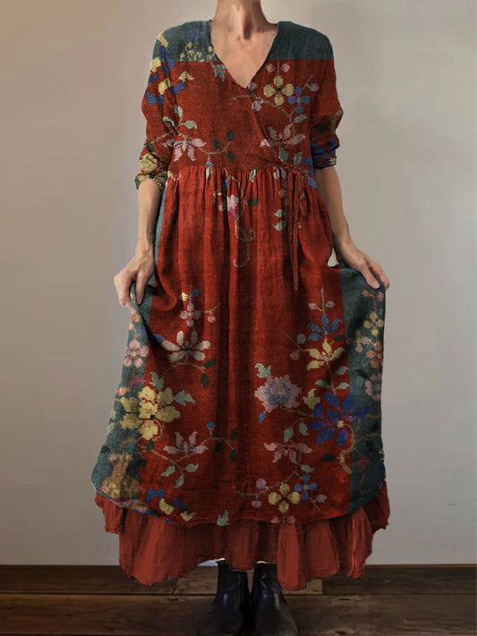 Retro Boho Floral Print Vintage col en V Double ourlet en coton à manches longues Midi Dress A / S