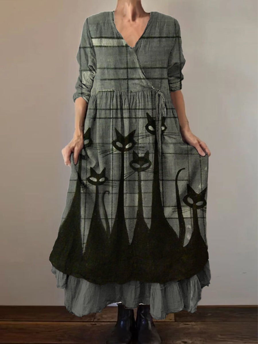 Retro Boho Floral Print Vintage col en V Double ourlet en coton à manches longues Midi Dress A / S