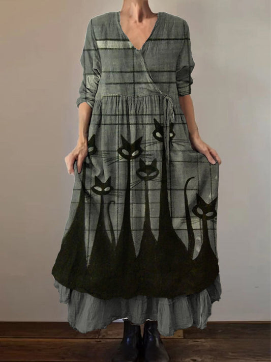Retro Boho Floral Print Vintage col en V Double ourlet en coton à manches longues Midi Dress A / S