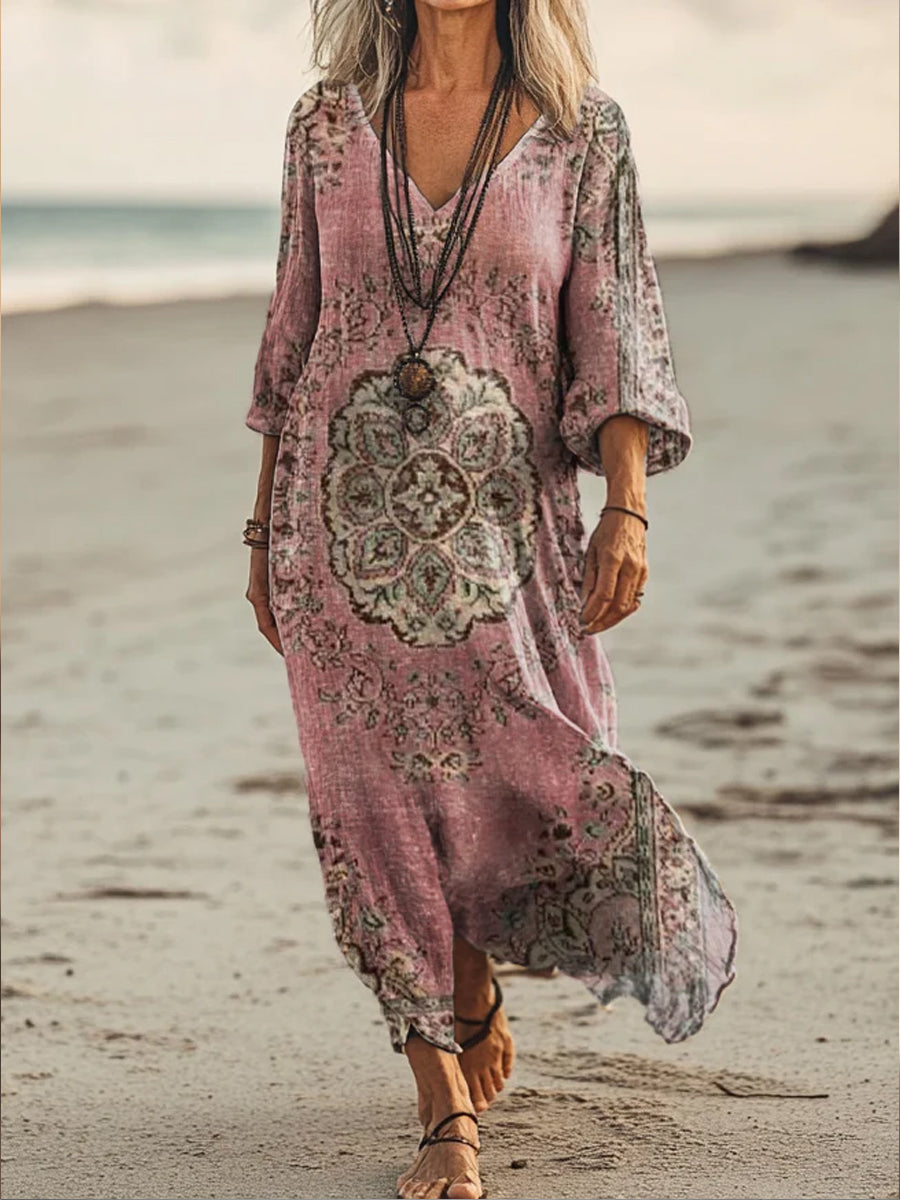 Rétro Boho Floral Art Imprimé V-cou Vintage lâche manches longues robe Midi A / S