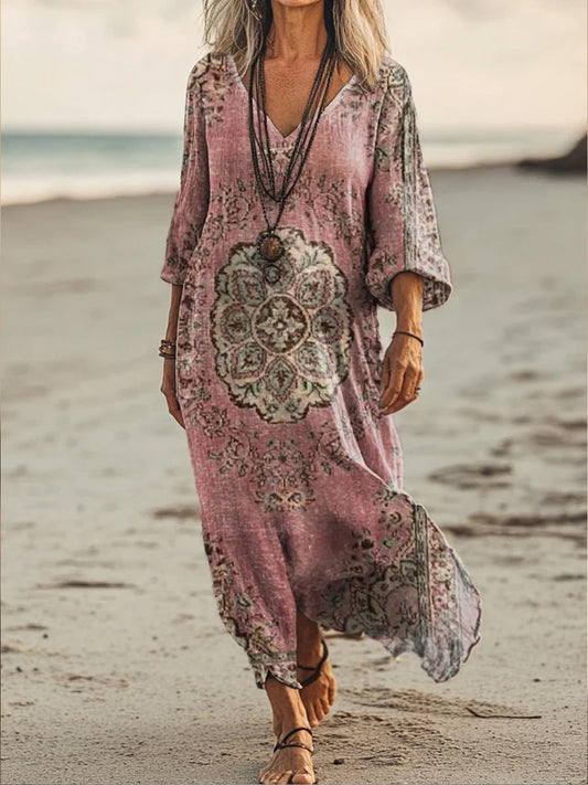 Rétro Boho Floral Art Imprimé V-cou Vintage lâche manches longues robe Midi A / S