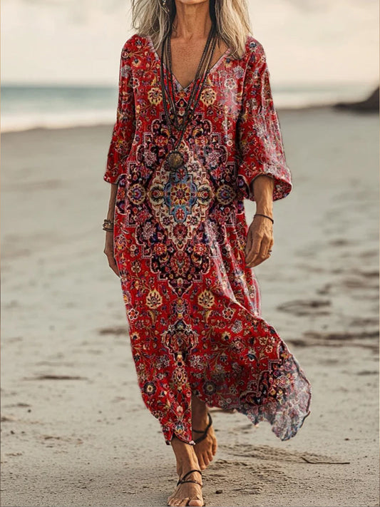 Rétro Boho Floral Art Imprimé V-cou Vintage lâche manches longues robe Midi A / S