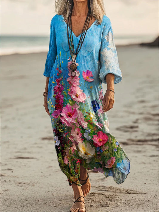 Rétro Boho Floral Art Imprimé V-cou Vintage lâche manches longues robe Midi A / S