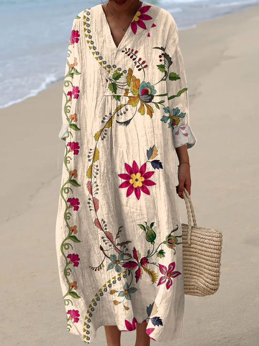 Vintage col en V Floral Art Print élégant et chic robe midi lâche A / S