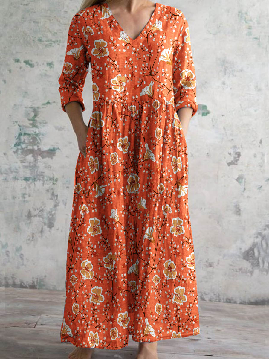 Vintage Floral Print Chic V-Neck Bohème Élégant Midi des femmes A / S