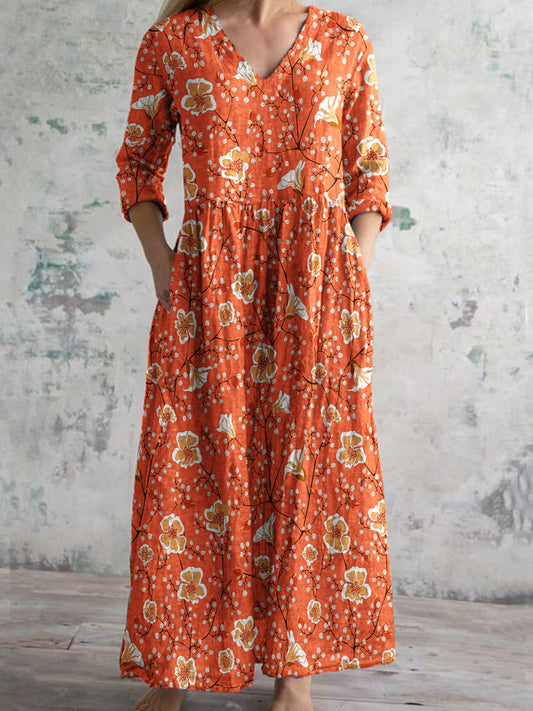 Vintage Floral Print Chic V-Neck Bohème Élégant Midi des femmes A / S