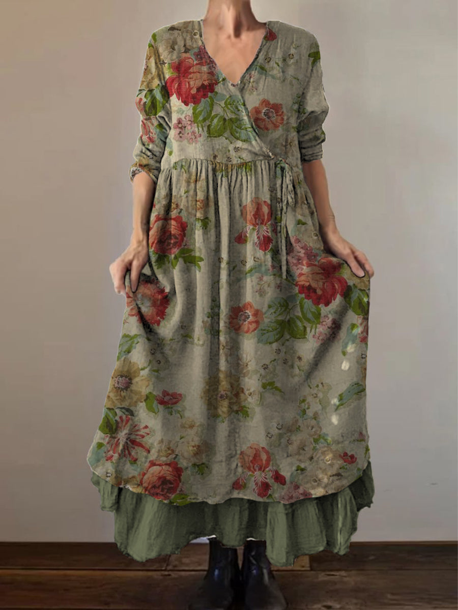 Retro Boho Floral Print Vintage col en V Double ourlet en coton à manches longues Midi Dress A / S