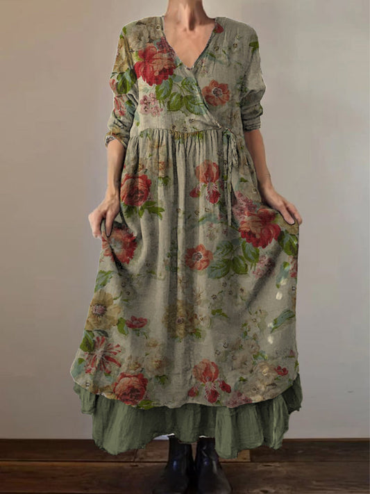 Retro Boho Floral Print Vintage col en V Double ourlet en coton à manches longues Midi Dress A / S