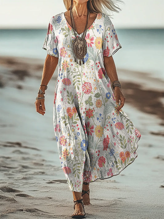Vintage col en V Floral Art Print élégant et chic robe midi lâche A / S