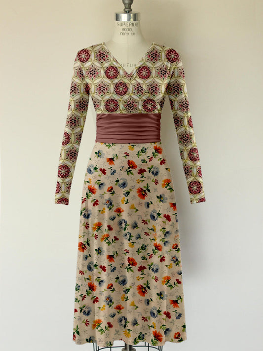 Rétro Floral Art Imprimé Vintage Col En V Plissé Taille Manches Longues Midi Robe A / S