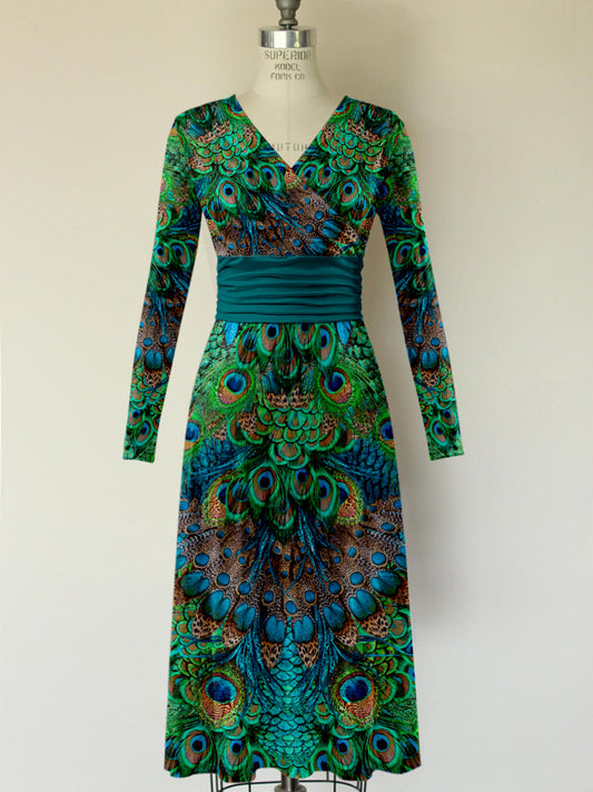 Rétro Floral Art Imprimé Vintage Col En V Plissé Taille Manches Longues Midi Robe A / S
