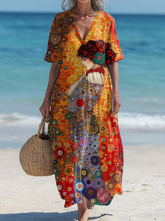 Vintage col en V Floral Art Print élégant et chic robe midi lâche A / S